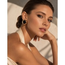 Solare Accessories Siyah Yuvarlak Taş Detaylı Altın Kaplama Vintage Küpe (Hipoalerjik)