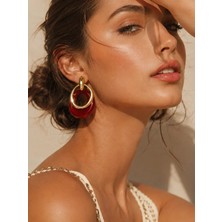 Solare Accessories Bordo Reçine Taş Detaylı Altın Kaplama Sallantılı Vintage Küpe (Hipoalerjik)