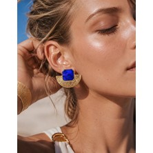 Solare Accessories Lacivert Mineli Yelpaze Form Altın Kaplama Vintage Küpe (Hipoalerjik)
