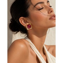 Solare Accessories Bordo Taş Detaylı Altın Kaplama Kare Form Vintage Küpe (Hipoalerjik)