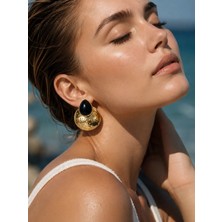Solare Accessories Siyah Taş Detaylı Dokulu Altın Kaplama Vintage Küpe (Hipoalerjik)