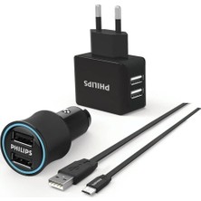 Philips DLP2553EM Araç Içi Şarj Cihazı & Duvar Şarj Cihazı & Micro USB Kablo Birarada Combo Ürün
