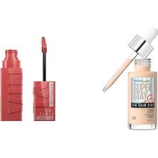 New York Super Ink Uzun Süre Kalıcı Likit Parlak Ruj 15 Peachy & Super Skin Tint Fondöten - 05.5 Makyaj Seti