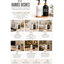 2’li Hands Dishes Siyah Beyaz Cam Sıvı Sabunluk Seti 500 Ml, Bambu Standlı Dekoratif Mutfak & Banyo Sabunluk Dispenser Seti Şık Modern Tasarım
