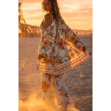 Fashion Cocktail Island Girl Vintage Bağlamalı Tropikal Kollu Kimono ve Lastik Bel Geniş Paça Cepli Pantolon Yazlık Bohem Boho Bohem Set Takım