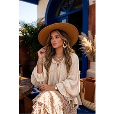 Fashion Cocktail Şalvar Kollu Fırfırlı Bağcıklı Büzgülü Yaka Volanlı Salaş Rahat Bohem Otantik Etnik Gömlek