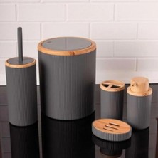 5 Parçalı Banyo Seti, Bambu Görünümlü Plastik, Gri, Tuvalet Fırçası ve Çöp Kovası Dahil