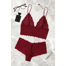 Bordo Dantel Bralet Şort Takımı Askılı Şık Kadın Ev Giyim Mery Woman