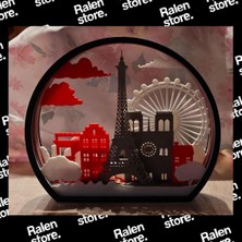 Ralen Paris Temalı 3D Shadow Box LED Işıklı Dekoratif Masa ve Duvar Dekoru – Eyfel Kulesi, Notre Dame ve Dönme Dolap Tasarımlı El Yapımı Katmanlı Dekoratif Gece Lambası