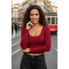 Bemy Store Bordo Derin U Yaka Crop Top Uzun Kollu Dar Kesim Kadın Bluz