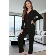 Bemy Store Kadın Siyah Kırmızı Biyeli Fiyonk Detaylı Uzun Kollu Mevsimlik Pijama Takımı Premium Ev Giyim