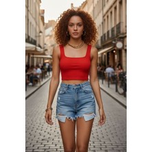 Bemy Store Kadın Kırmızı Kalın Askılı Crop Top Büstiyer Esnek Kumaş Şık Basic Kadın Üst Giyim