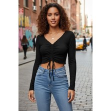 Bemy Store Kadın Siyah Uzun Kol Drapeli Bağcık Detaylı Crop Top Bluz
