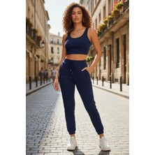 Bemy Store Kadın Laciver Premium Görünümlü Kaşkorse Cepli Jogger Eşofman Altı ve Crop Top Bluz Takımı
