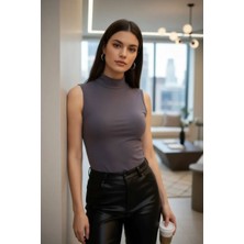 Bemy Store Kadın Antrasit Gri Kolsuz Balıkçı Yaka Basic Bluz Esnek Şık Üst Giyim