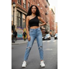 Bemy Store Kadın Siyah Fit Görünümlü Tek Omuz Crop Top Büstiyer