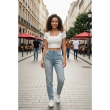 Bemy Store Kadın Beyaz Şık Kesim Düz Yaka Crop Top Bluz