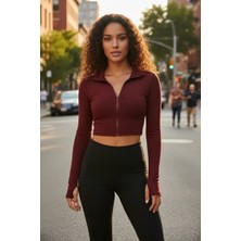 Bemy Store Bordo Dik Yaka Fermuarlı Uzun Kollu Parmak Geçmeli Crop Top Spor Bluz