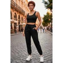 Bemy Store Kadın Siyah Premium Görünümlü Kaşkorse Cepli Jogger Eşofman Altı ve Crop Top Bluz Takımı