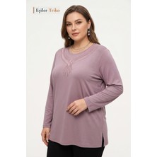 Kadın Büyük Beden Pudra Başak Işıltısı Desen, Yaka Işlemeli, Taşlı Anne Penye Bluz, Battal Boy