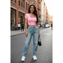 Beruflic Kadın Pembe Şık Kesim Yarım Kol Crop Bluz Under Moda