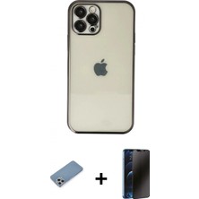 Pileli Store Pilelistore™ iPhone 12 Pro Max Kılıf Vadi Minimal - Siyah 3D Antistatik Hayalet Cam Ekran Koruyucu + Shine Kamera Lens Koruma Cam - Gs