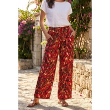 Azıcık Akıllı Kadın Kırmızı Yaprak Sonbahar Model Rahat Dökümlü Bol Paça Dokuma Şalvar 25KSLVH504