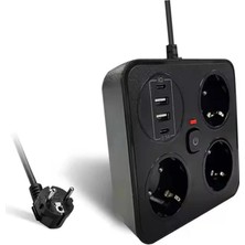 Colezium Akım Korumalı Anahtarlı Priz - 3x Priz - 2x USB - 2x Type-C - 2 mt Kablo Hızlı Şarj Özellikli Siyah