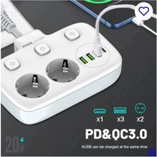 Colezium Akım Korumalı 2’li Ayrı Anahtarlı Priz, 2x Priz, 3x Usb, 1x Type-C, 2 mt Kablo, Hızlı Şarj