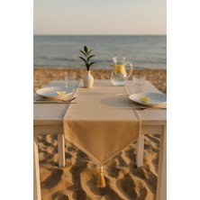 Bs Home Lüks Keten Runner Masa Örtüsü Rustik Şık Püsküllü Dekoratif Masa Örtüsü 35X150 cm
