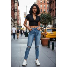 MTM My The Mall Giyim Kadın Siyah Yarım Fermuarlı ve Kısa Kollu Crop Top Bluz