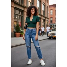 MTM My The Mall Giyim Kadın Yeşil Fermuar Detaylı Modern Kesim Crop Bluz