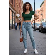 MTM My The Mall Giyim Kadın Yeşil Şık Kesim Yarım Kol Crop Bluz