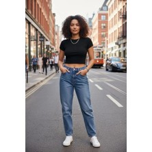 MTM My The Mall Giyim Kadın Siyah Modern Fit Yuvarlak Yaka Yarım Kol Crop Top Bluz