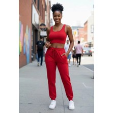 MTM My The Mall Giyim Kadın Kırmızı Premium Görünümlü Kaşkorse Cepli Jogger Eşofman Altı ve Crop Top Bluz Takımı