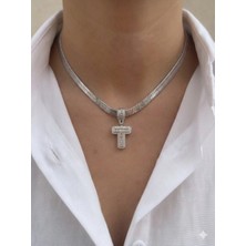 Fm 💎 Premium Gümüş Renk Parlak Taşlı 316L Çelik Silver T Harf Kolye (45CM)