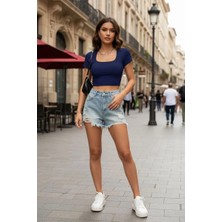MTM My The Mall Giyim Kadın Lacivert Şık Kesim Yarım Kol Crop Bluz