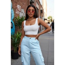 MTM My The Mall Giyim Kadın Beyaz Kalın Askılı Crop Top Büstiyer Esnek Kumaş Şık Basic Kadın Üst Giyim