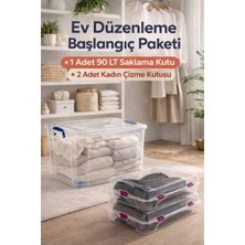 Loremp 80 Lt Tekerlekli Şeffaf Kilitli Saklama Kutusu 1 Adet + 2 Adet Kadın Çizme Kutusu Ev Düzenleme