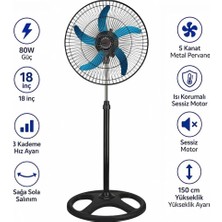 Abnturk Enerji Tasarruflu Motor Sanayi Tip Metal Vantilatör Sağa Sola 180 Hareketli Süper Serinletici Büyükboy 60W 5 Kanat Pervane 3 Kademe 150CM Uzayıp Kısalan Sağlam Metal Ayak Sessiz Çalışan 2 Yıl Garanti