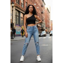 MTM My The Mall Giyim Kadın Siyah Fit Görünümlü Tek Omuz Crop Top Büstiyer