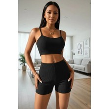 MTM My The Mall Giyim Kadın Siyah Kaşkorse Şortlu Crop Atlet Takım Esnek Kumaş Yüksek Bel