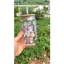 Minnaco ⁠estetik Tasarım Desenli Bambu Kapaklı Cam Kahve Bardağı - 500 ml Soğuk Kahve  Smoothie ve Meşrubat Bardağı