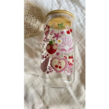 Minnaco ⁠estetik Tasarım Desenli Bambu Kapaklı Cam Kahve Bardağı - 500 ml Soğuk Kahve  Smoothie ve Meşrubat Bardağı