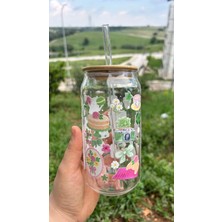 Minnaco ⁠estetik Tasarım Desenli Bambu Kapaklı Cam Kahve Bardağı - 500 ml Soğuk Kahve  Smoothie ve Meşrubat Bardağı