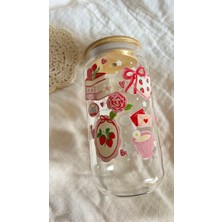 Minnaco ⁠estetik Tasarım Desenli Bambu Kapaklı Cam Kahve Bardağı - 500 ml Soğuk Kahve  Smoothie ve Meşrubat Bardağı