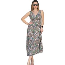 Etki Moda Kadın Kruvaze Yaka Belden Büzmeli Uzun Elbise