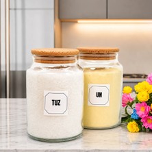 2'li Ahşap Vakum Kapaklı Cam Un Tuz Saklama Kavanozu Seti 800 ml Etiket Hediyeli