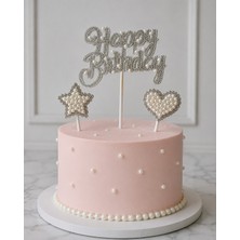 Haki Store Incili Happy Birthday Pasta Süsü 3'lü Seti – Gümüş Taşlı Pasta Süsü Kalp ve Yıldız Figürlü Tekrar Kullanılabilir Pasta Üstü Dekoru Cake Topper