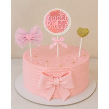 Haki Store Sallanan Yıldızlı Happy Birthday Pasta Süsü 3'lü Seti – Pembe Fiyonk & Gold Kalp Temalı Tekrar Kullanılabilir 3’lü Cake Topper